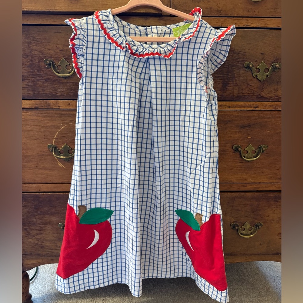 Classic Whimsy Blue and White Gingham Apple Appliqué Dress, Size 7